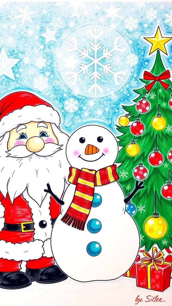A festive drawing of Santa Claus, a snowman, and a Christmas tree, celebrating the holiday season.